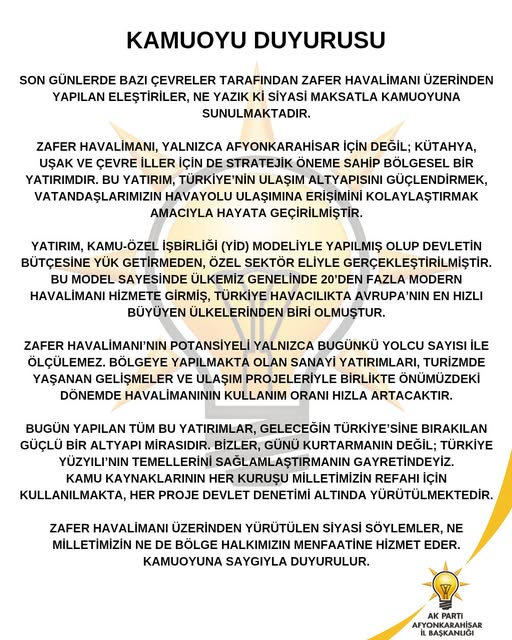 Zafer Havalimanı'na İlişkin Kamuoyu Bilgilendirmesi